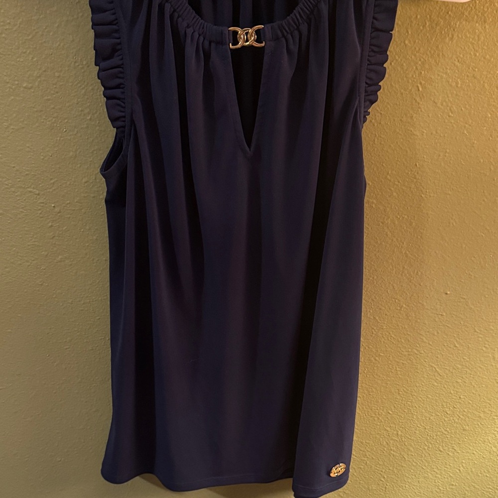 Michael Kors Navy Ruffle-Shoulder Sleeveless Tank with Gold Bar